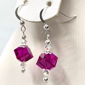 Sterling Silver Made With Swarovski Crystals Magenta AB White Beaded Earrings